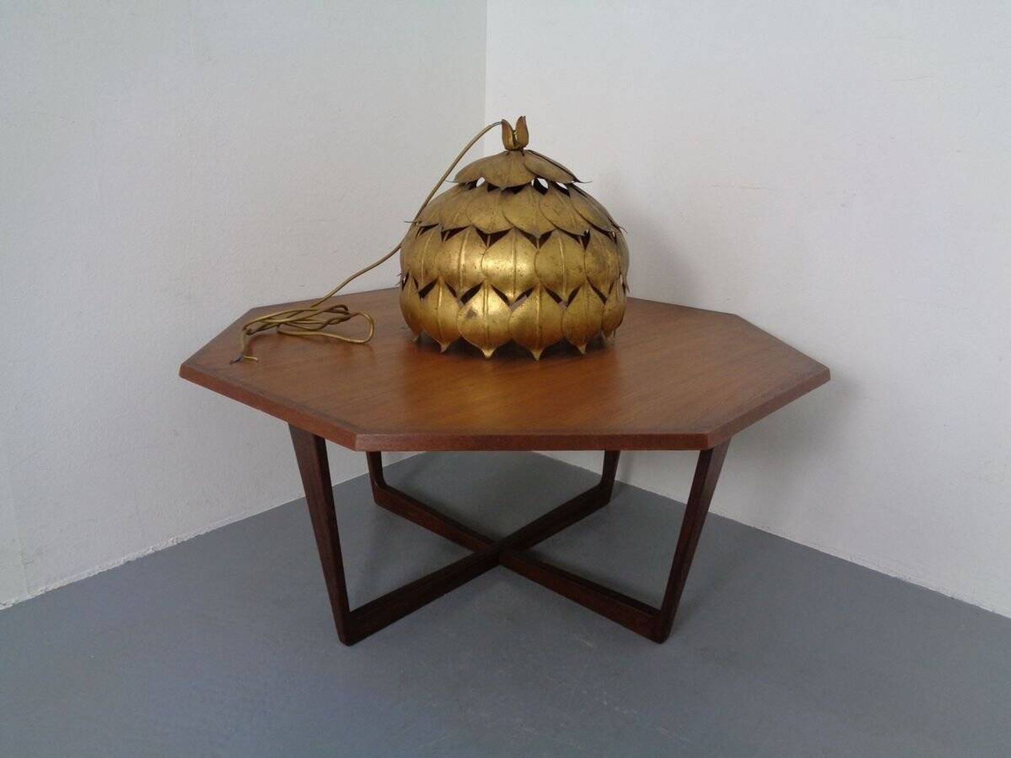 Large French Brass Lotus Ceiling Lamp, 1940s