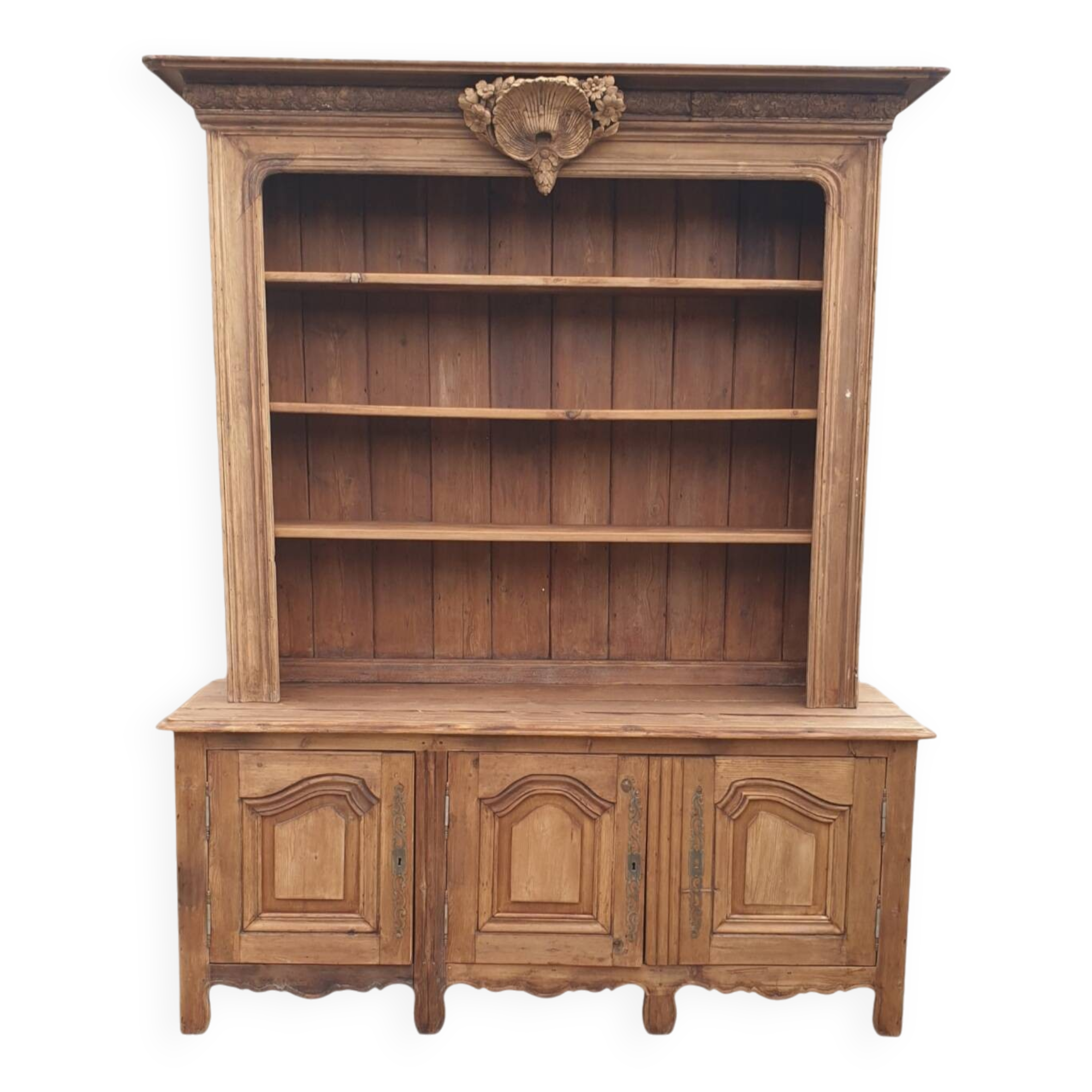 Natural wood bookcase with 3 doors and shelves