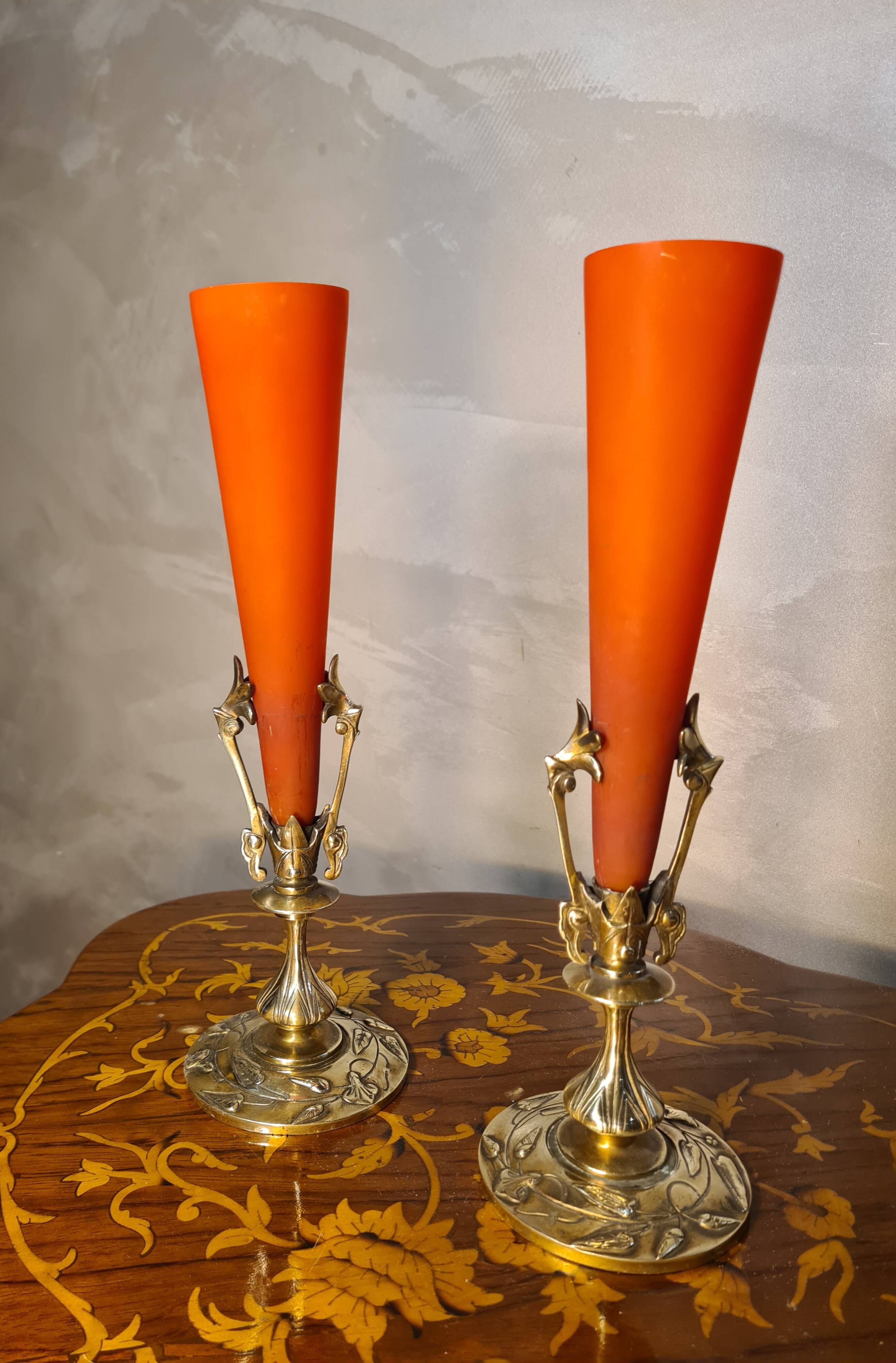 pair of bronze and glass paste Art Nouveau vases, bouquet holder, soliflore cone