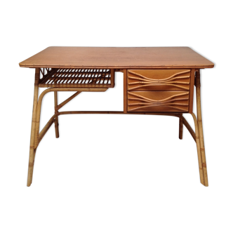 Rattan desk and vintage wood
