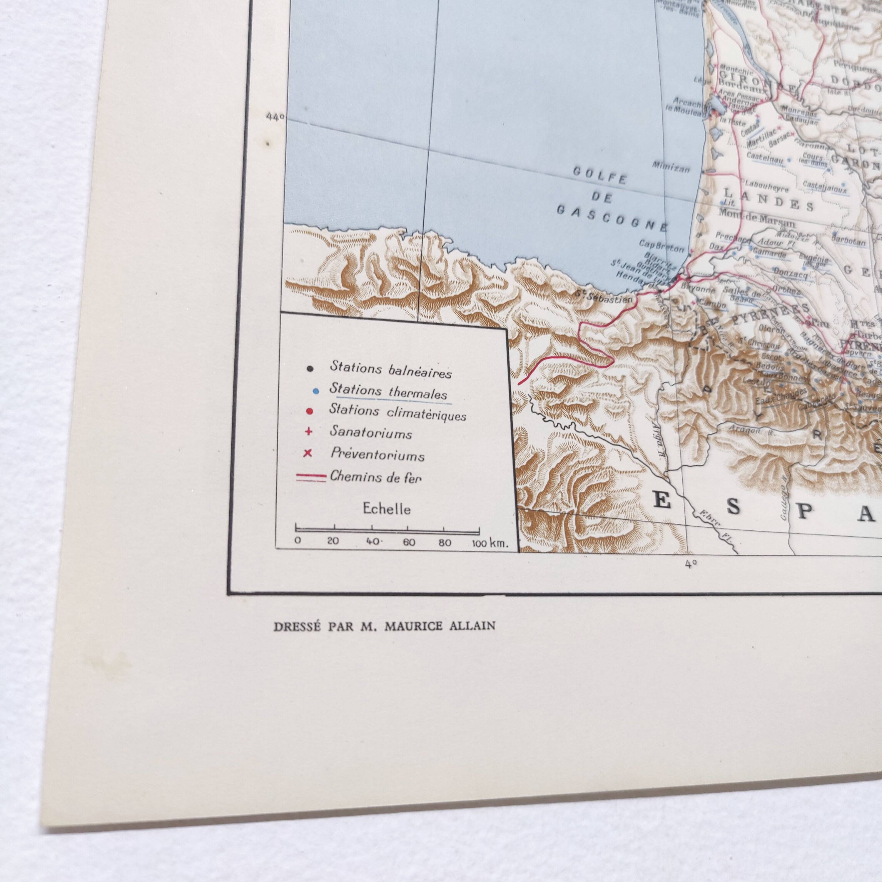 Vintage map of seaside and thermal France from 1950