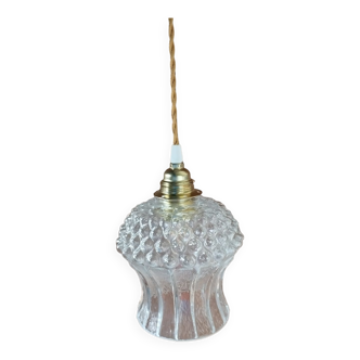 Lampe baladeuse suspension, globe moulé texturé transparent, fil torsadé or