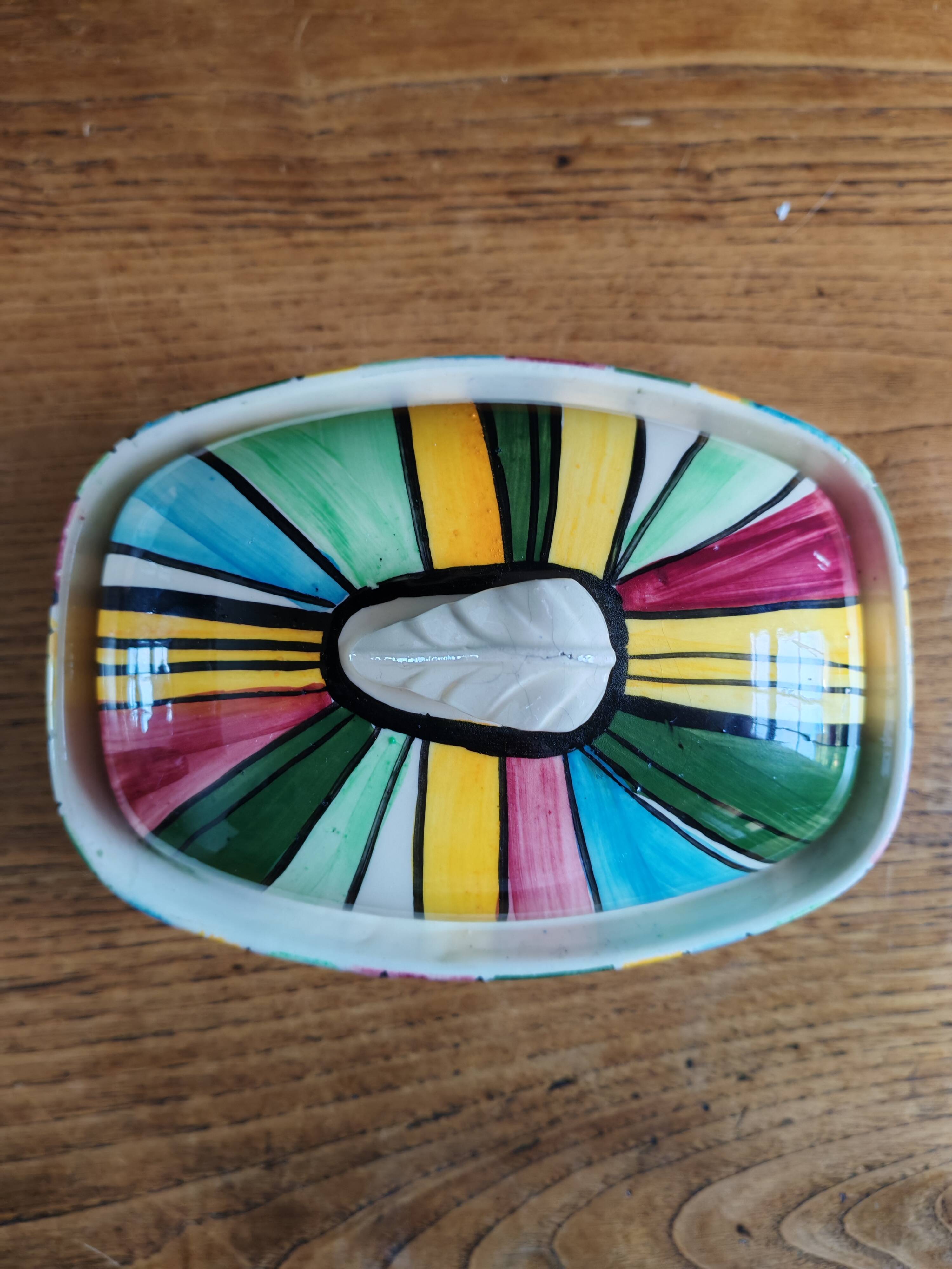 Vintage Ceramic Bonbonnière with Colourful Stripes - Jewellery Box