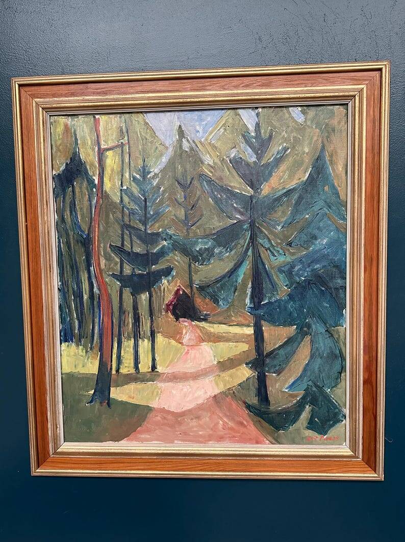 Large Original Swedish Oil on Canvas – 'Forest Road' by Leif Ewens – Signed – Vintage & Framed