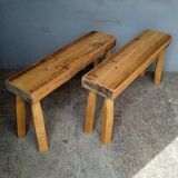 Pair of 2 patinated solid wood benches / stools