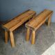 Pair of 2 patinated solid wood benches / stools