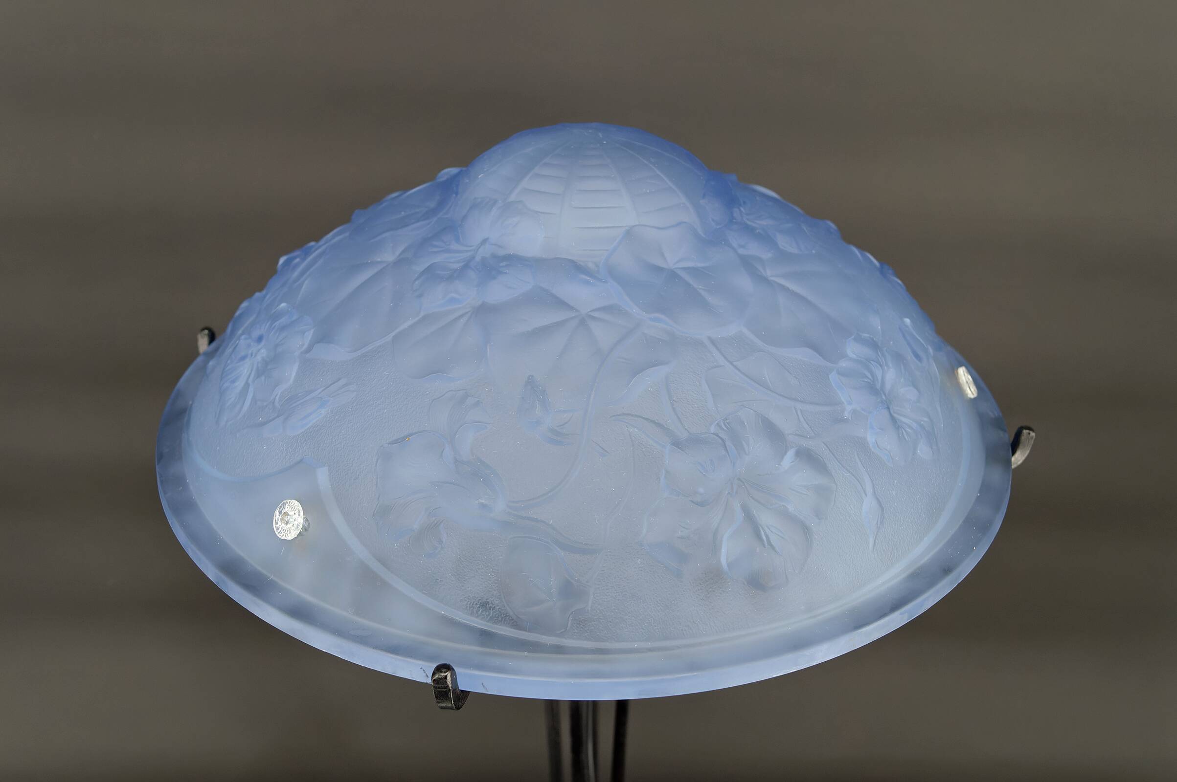 Wrought iron lamp and blue glass lampshade with clematis, France, Art Deco, circa 1920