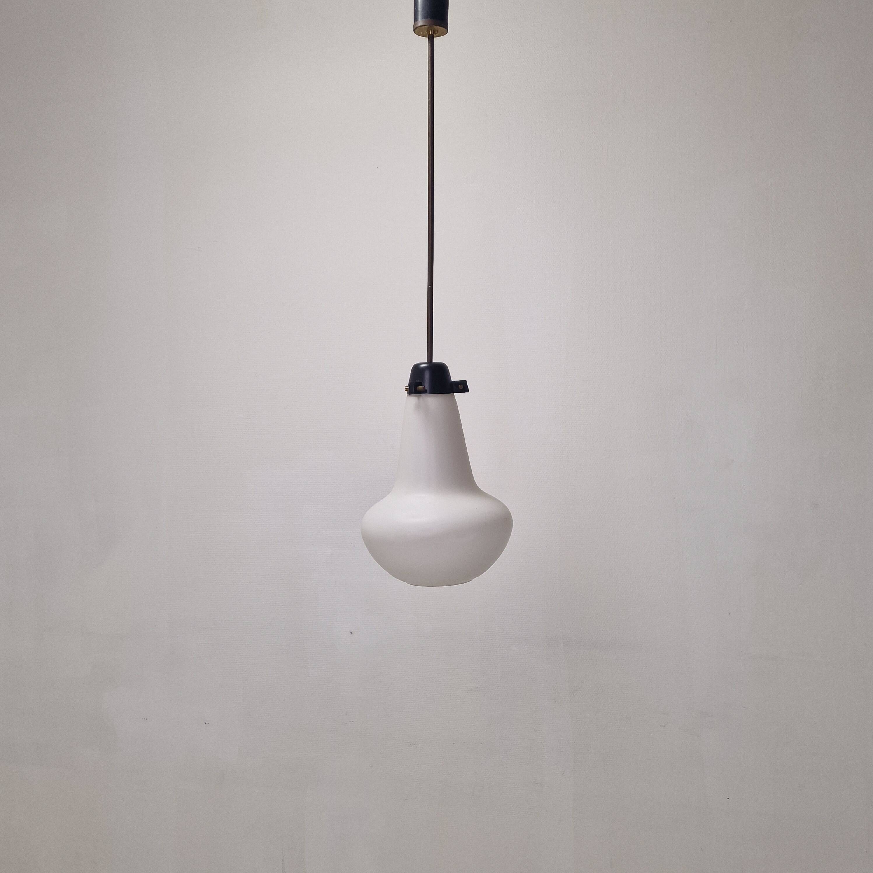 Mid Century Pendant in Milk Glass and Brass, Italy 1960's