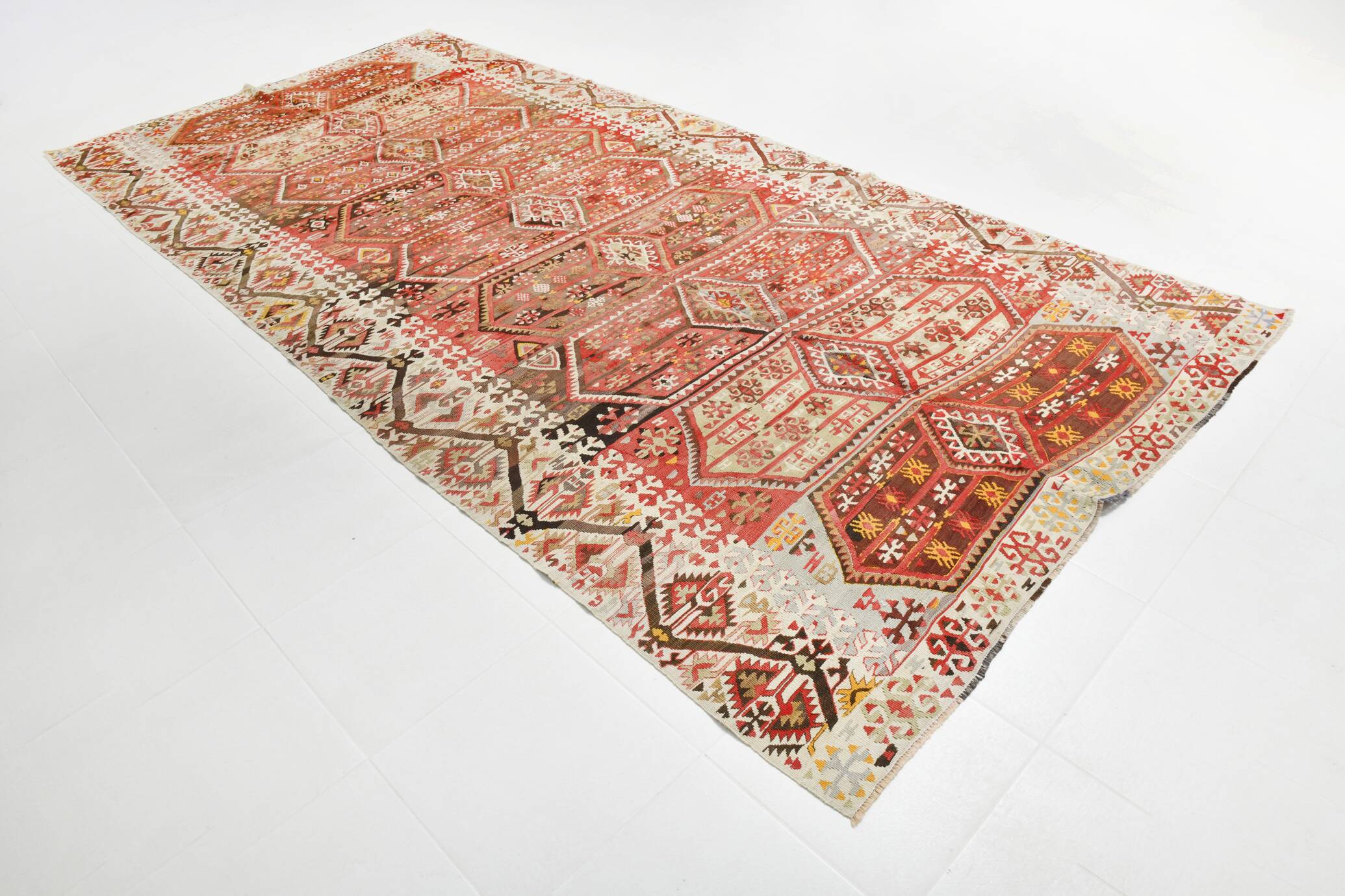 6x13 Beige & Red Wool Kilim Rug, 193x406Cm