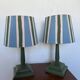 Pair of vintage wooden lamps with their striped beige, blue, and green shades.
