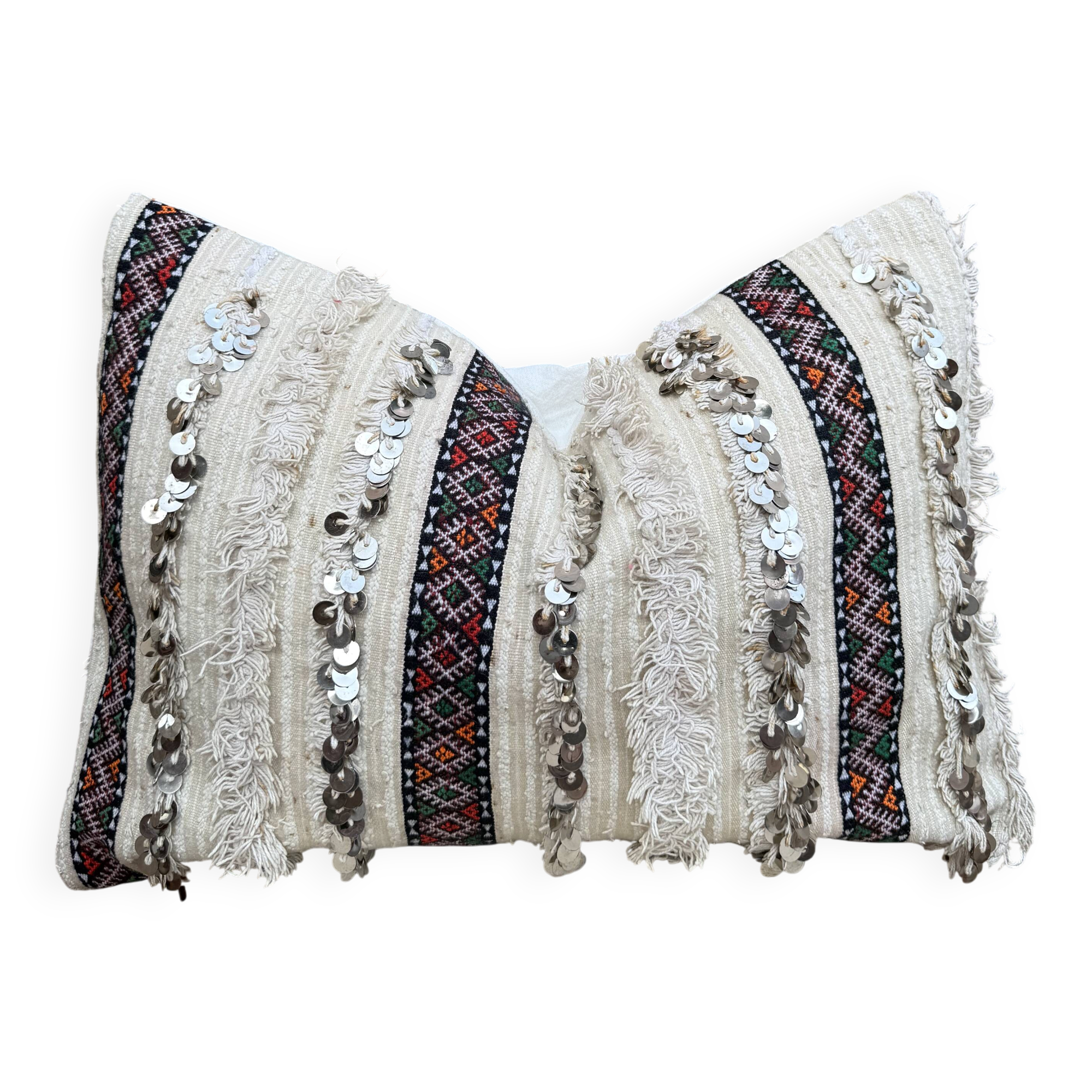 Housse de coussin Handira marocaine : Coussin berbère à sequins (60x40cm)