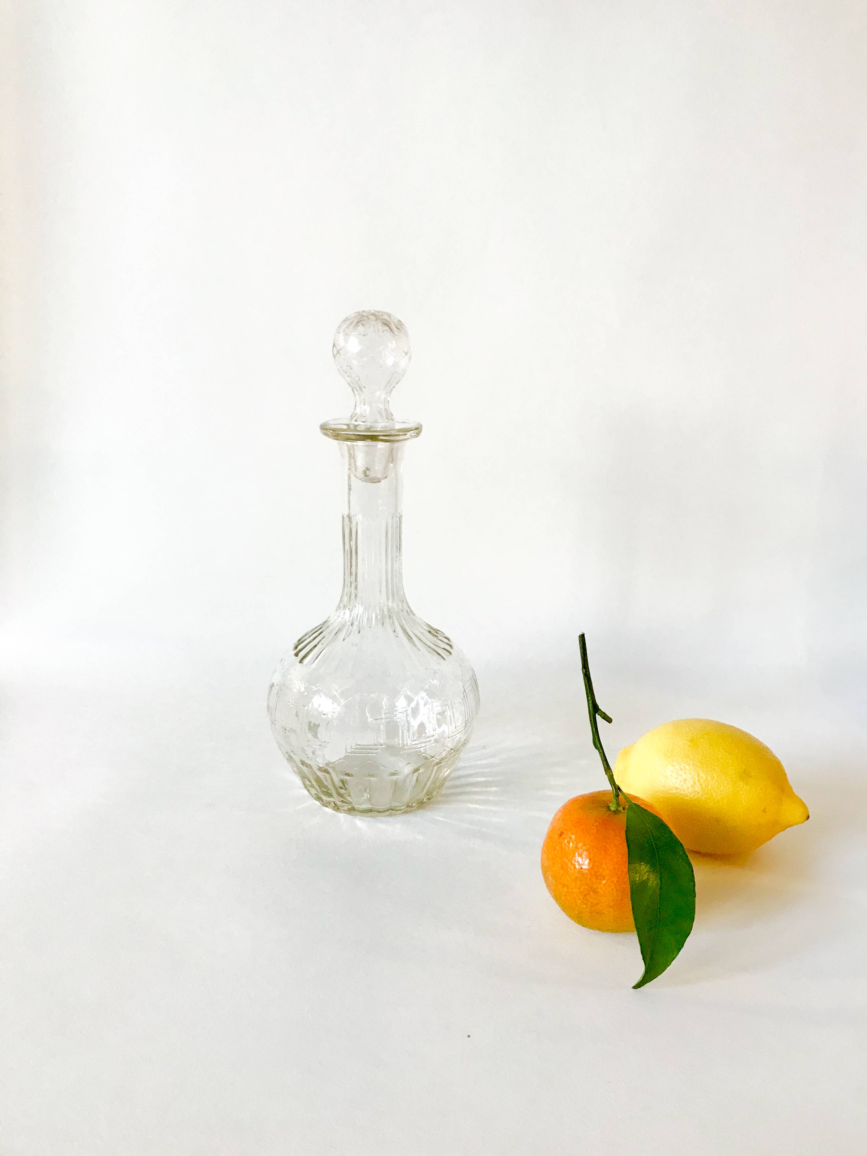 engraved glass wine carafe round stopper 50s