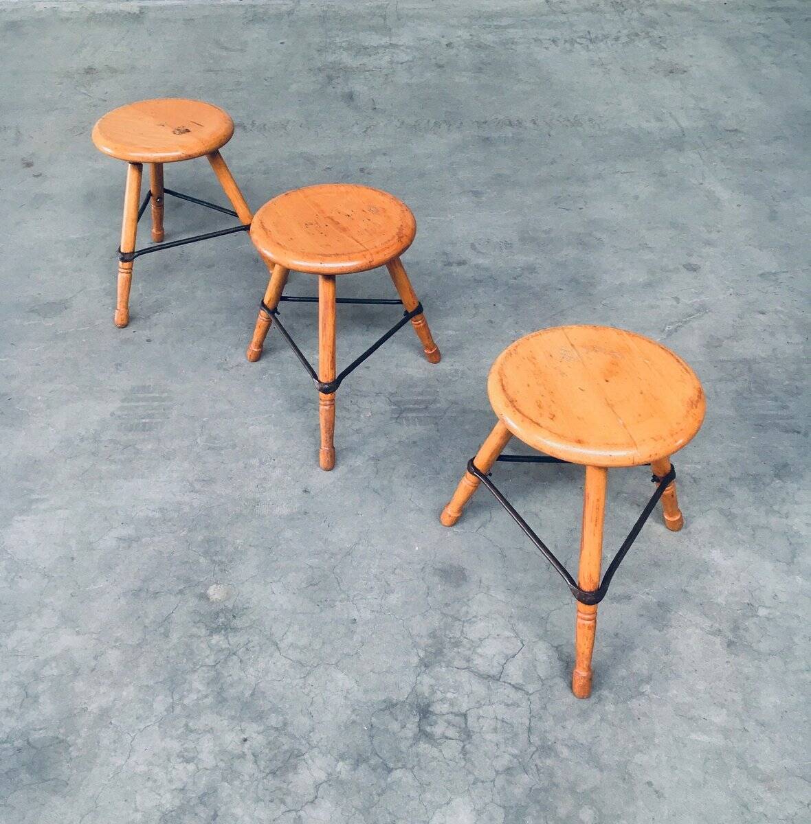 Industrial Low Tripod Stools, Belgium, 1950s, Set of 3