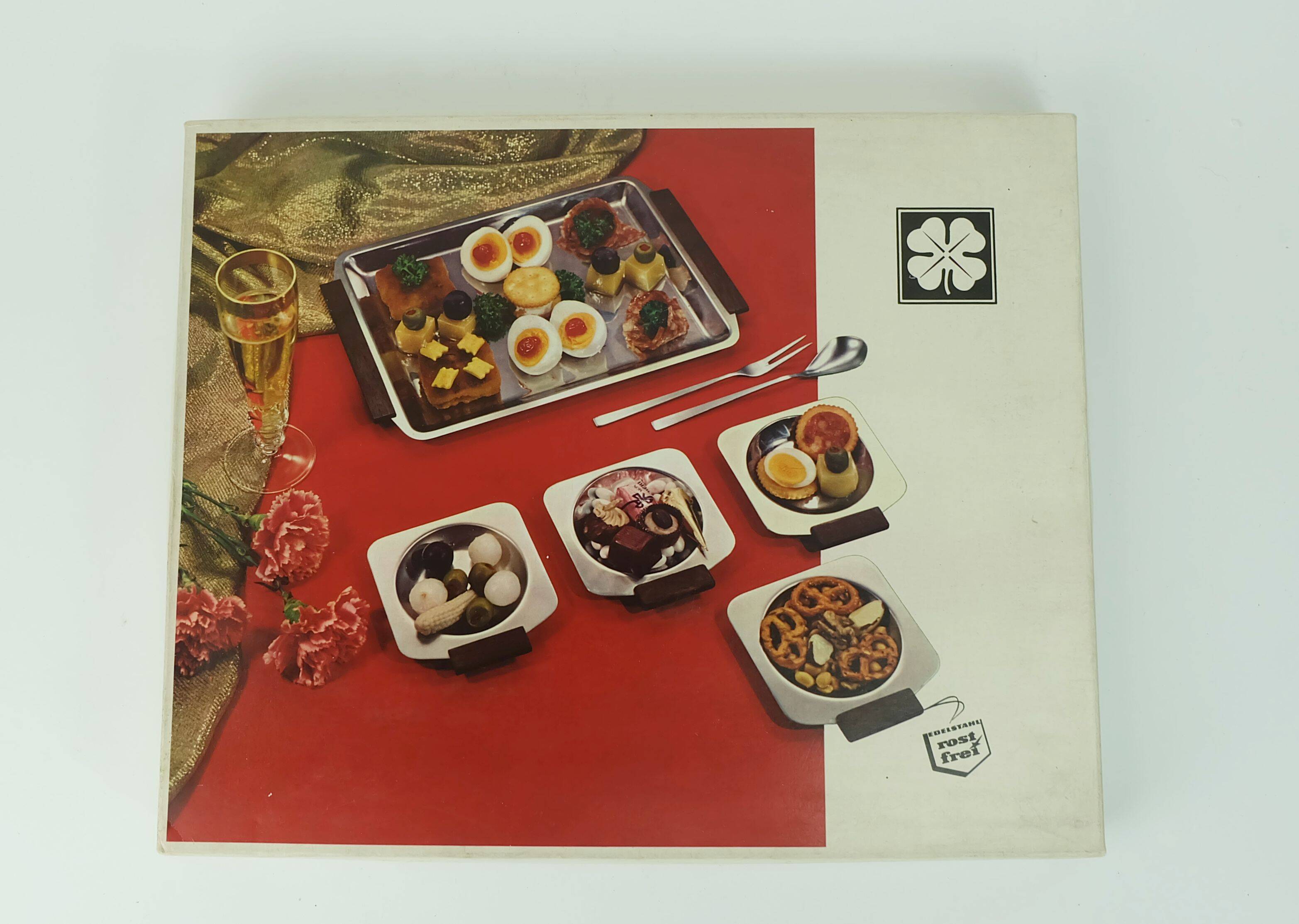 BOWL SET dip bowls party serving set stainless steel and wood 1960s
