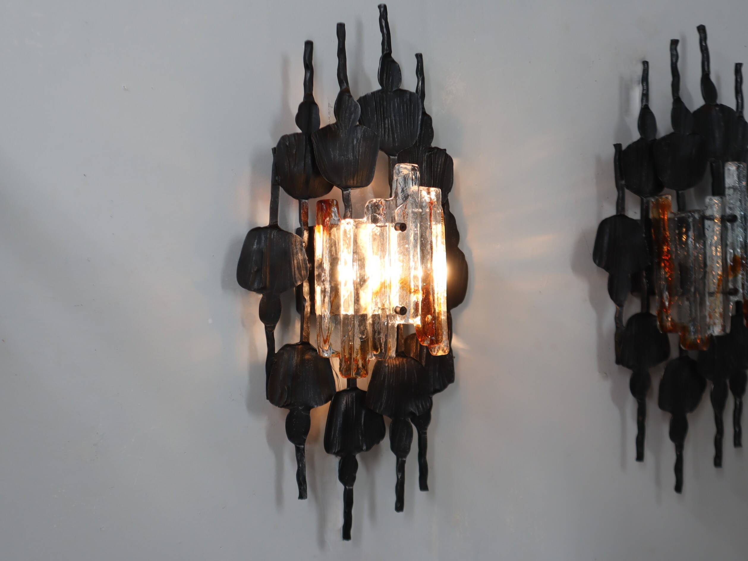 Set of 3 Brutalist Murano glass strips sconces / wall lamps Italy 1970s