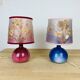 Pair of pink and blue ceramic fig lamps, dried flowers lampshade