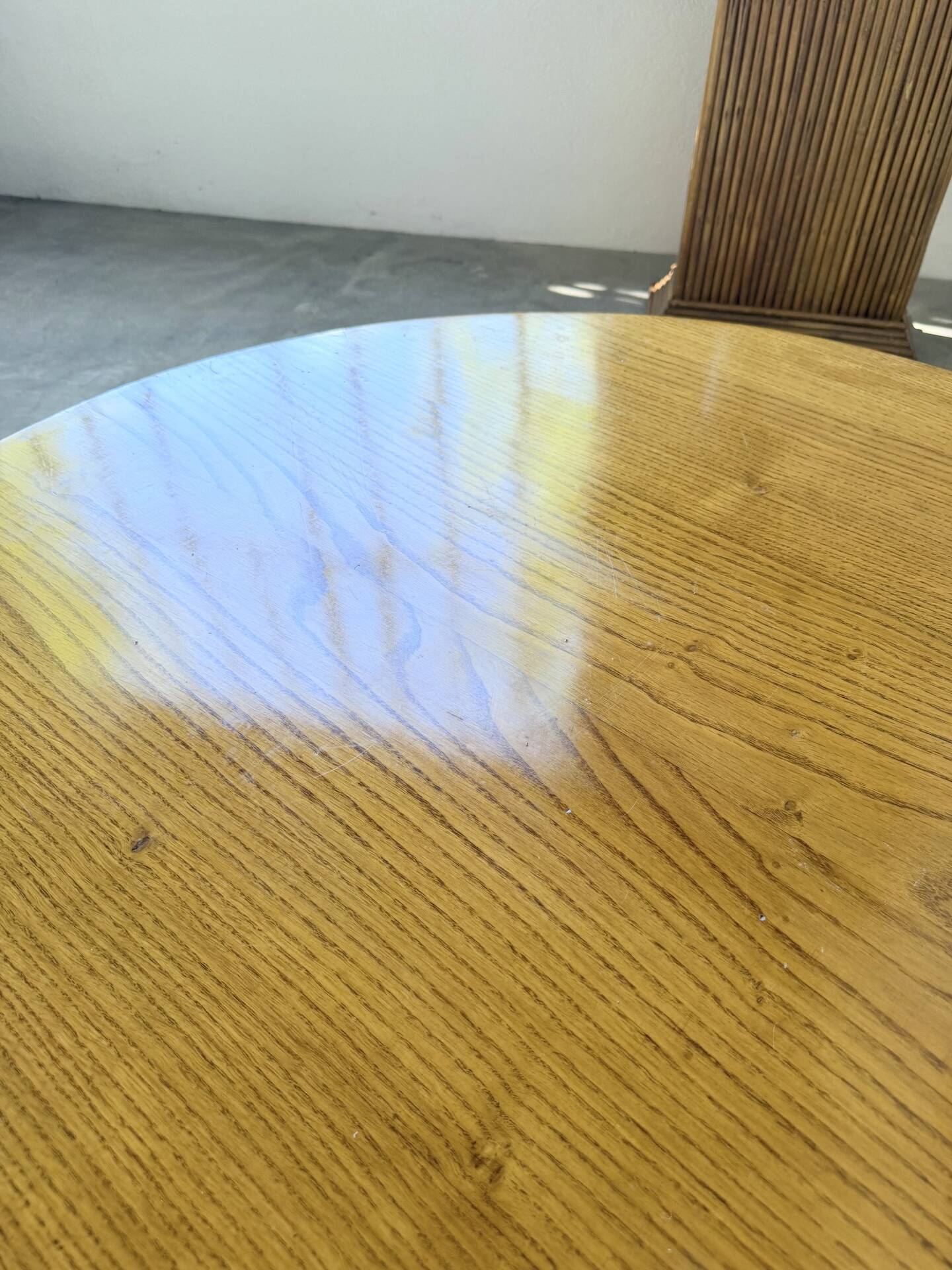 1950s round tripod oak coffee table