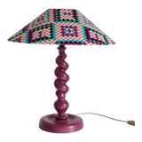 Table lamp in turned wood and printed conical shade