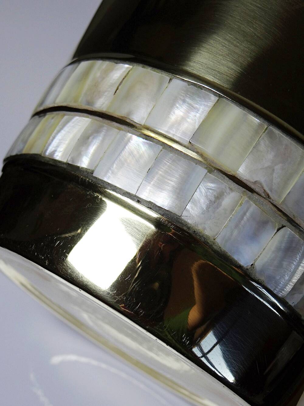 Large vintage champagne cooler bucket in gilded brass and mother-of-pearl