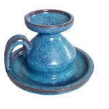 Blue stoneware candlestick signed Emile Masson