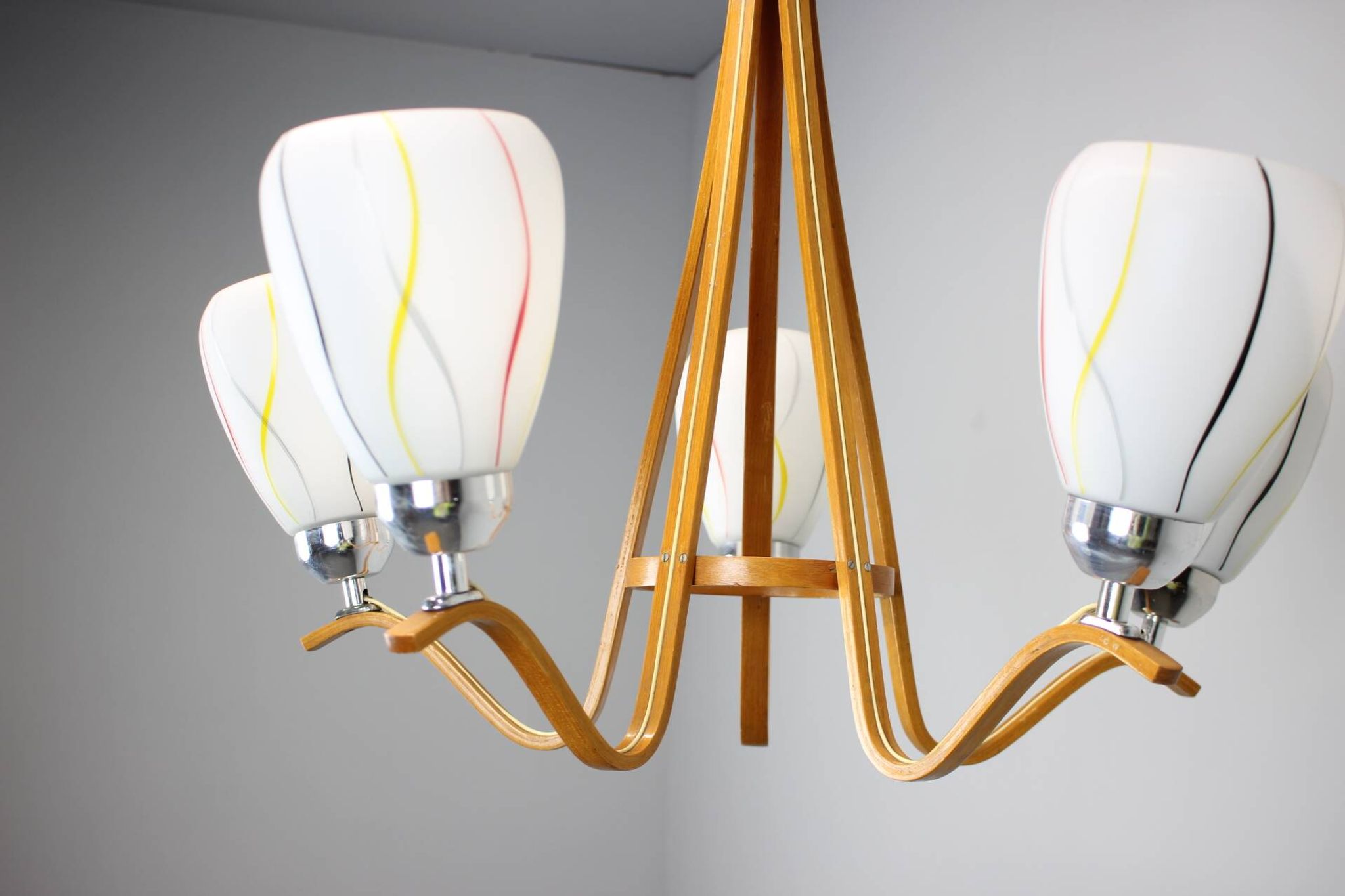 Mid-century wooden chandelier with glass shades, Czechoslovakia, 1970s.