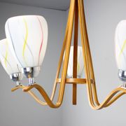 Mid-century wooden chandelier with glass shades, Czechoslovakia, 1970s.