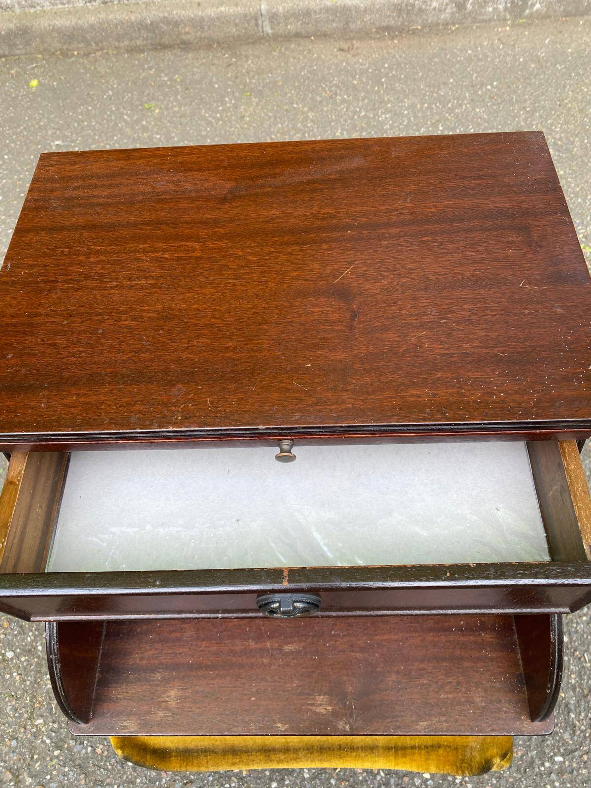 Mahogany bedside table in English style with stool.
