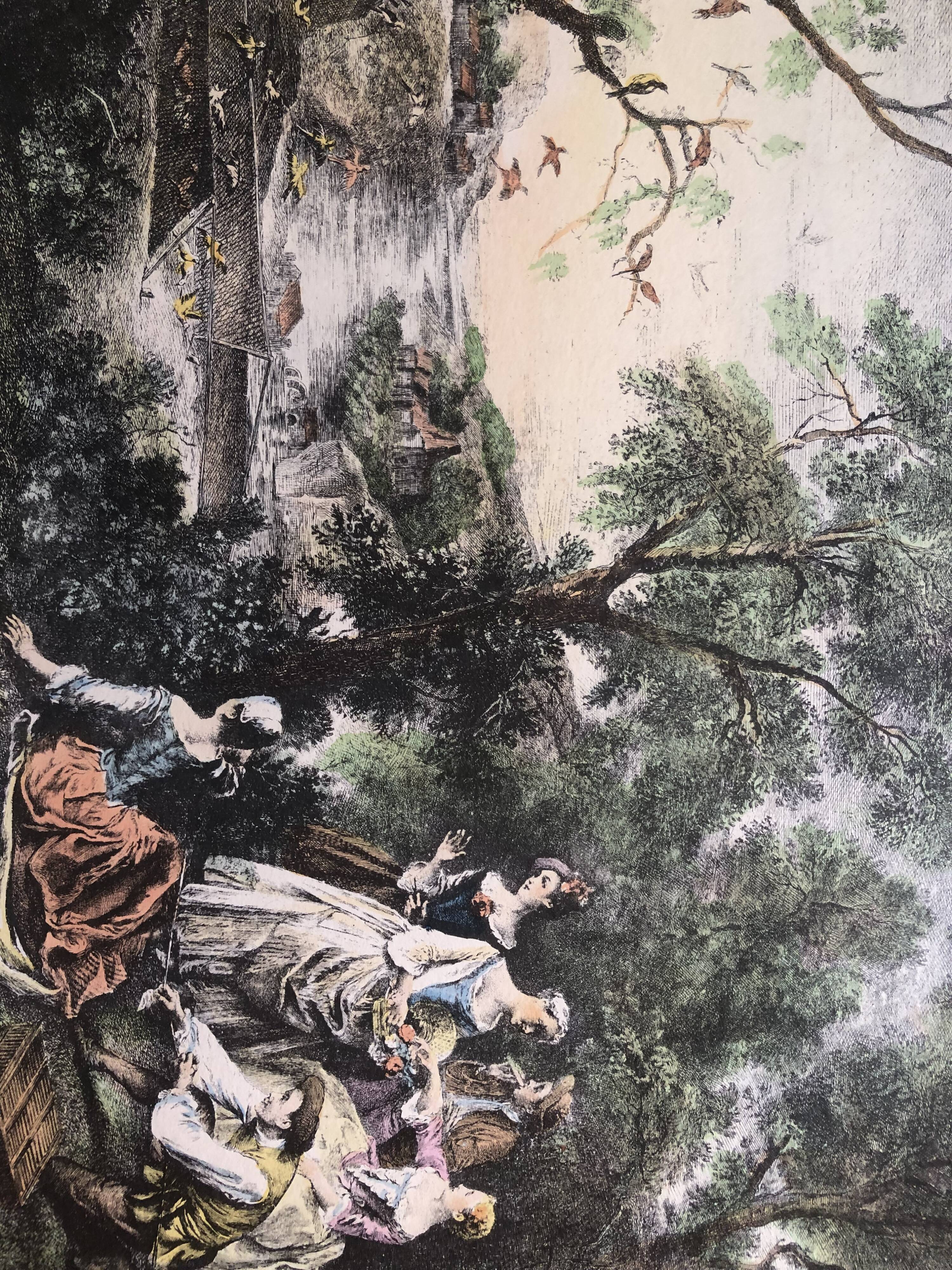 Set 4 lithograph les saisons after nicolas lancret, engraver chapollion and de mare, 20th century print