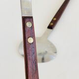 Set of Scandinavian salad cutlery, salt and pepper shaker in teak and steel