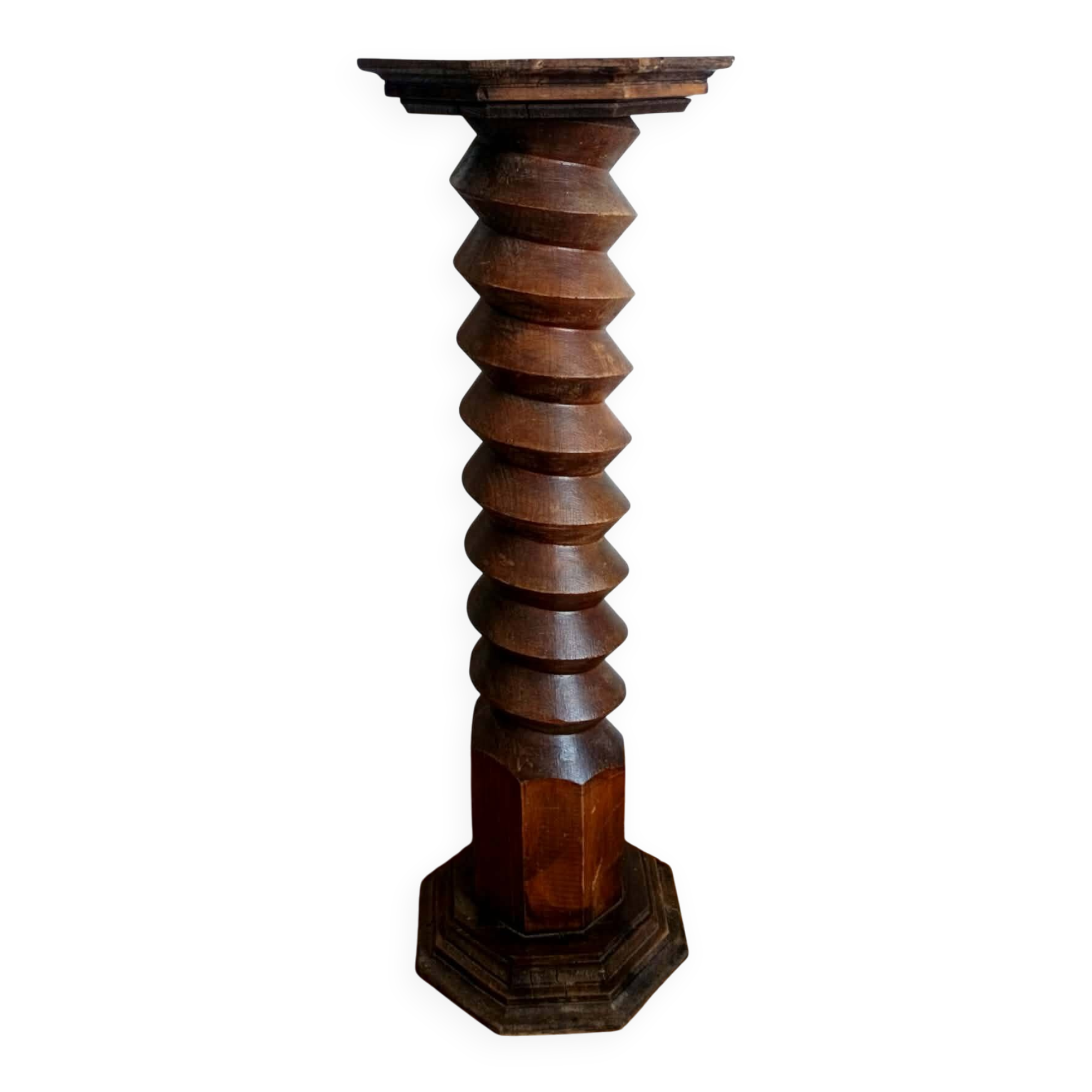 Screw press stool in carved wood