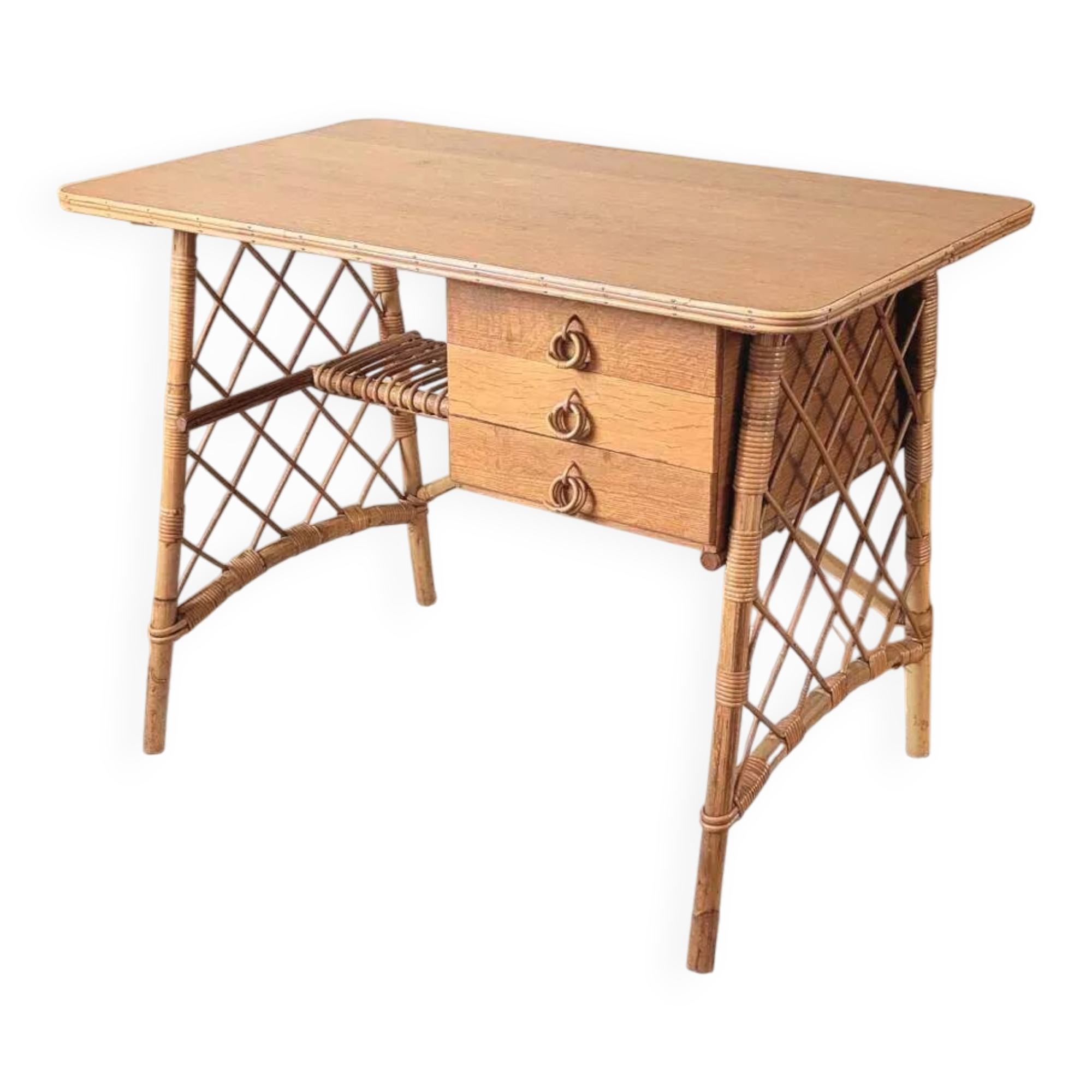 Vintage wood and rattan desk by L. Sognot