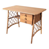 Vintage wood and rattan desk by L. Sognot