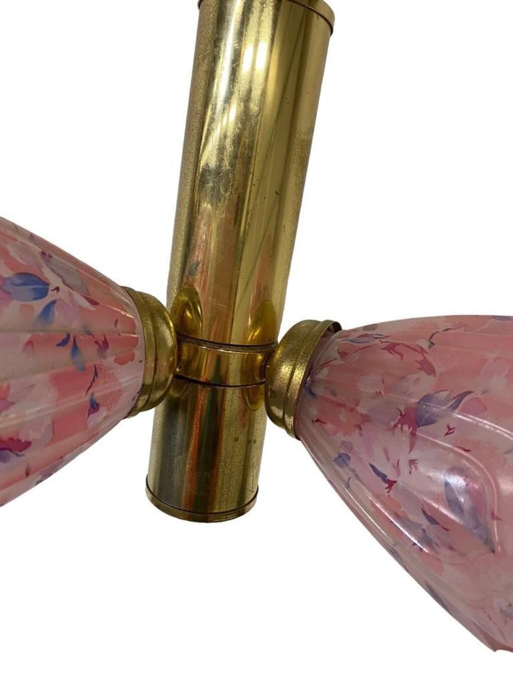 VINTAGE SPUTNIK BRASS CHANDELIER WITH PINK SHADES