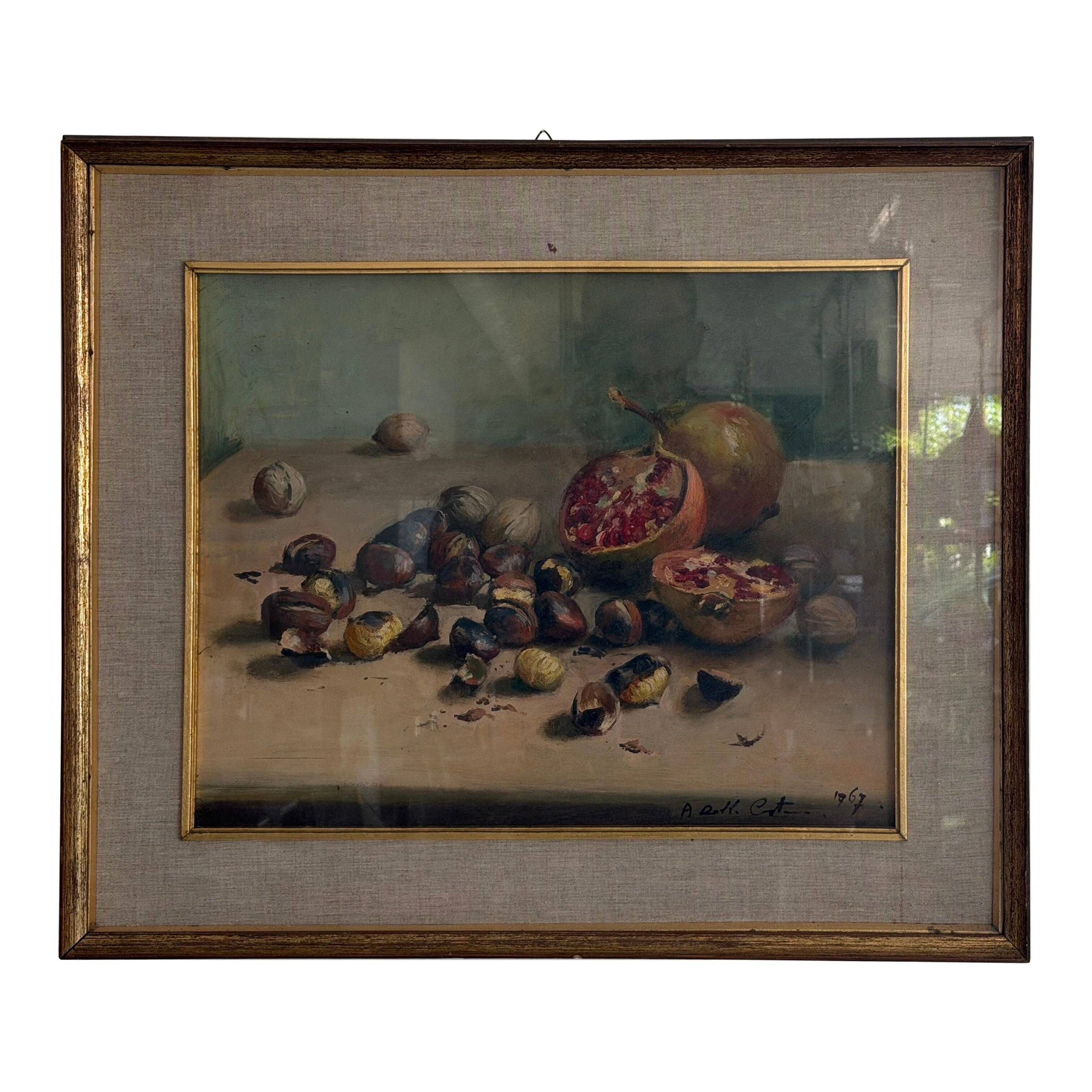 Still life with pomegranates and walnuts Oil painting on canvas signed, 1967, Italy