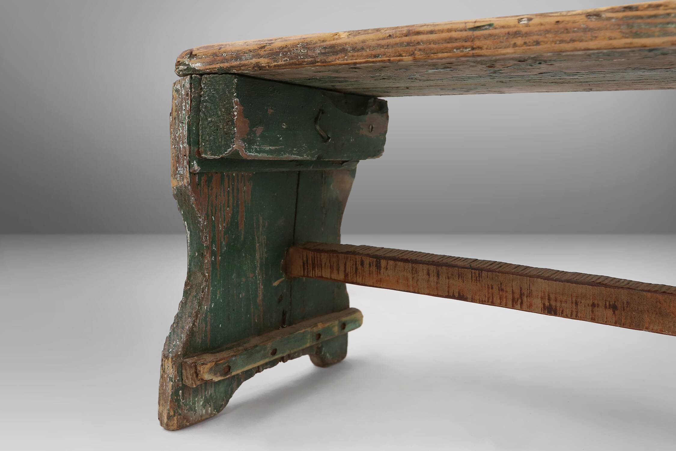 Industrial green wooden stool with nice patina, France 1900