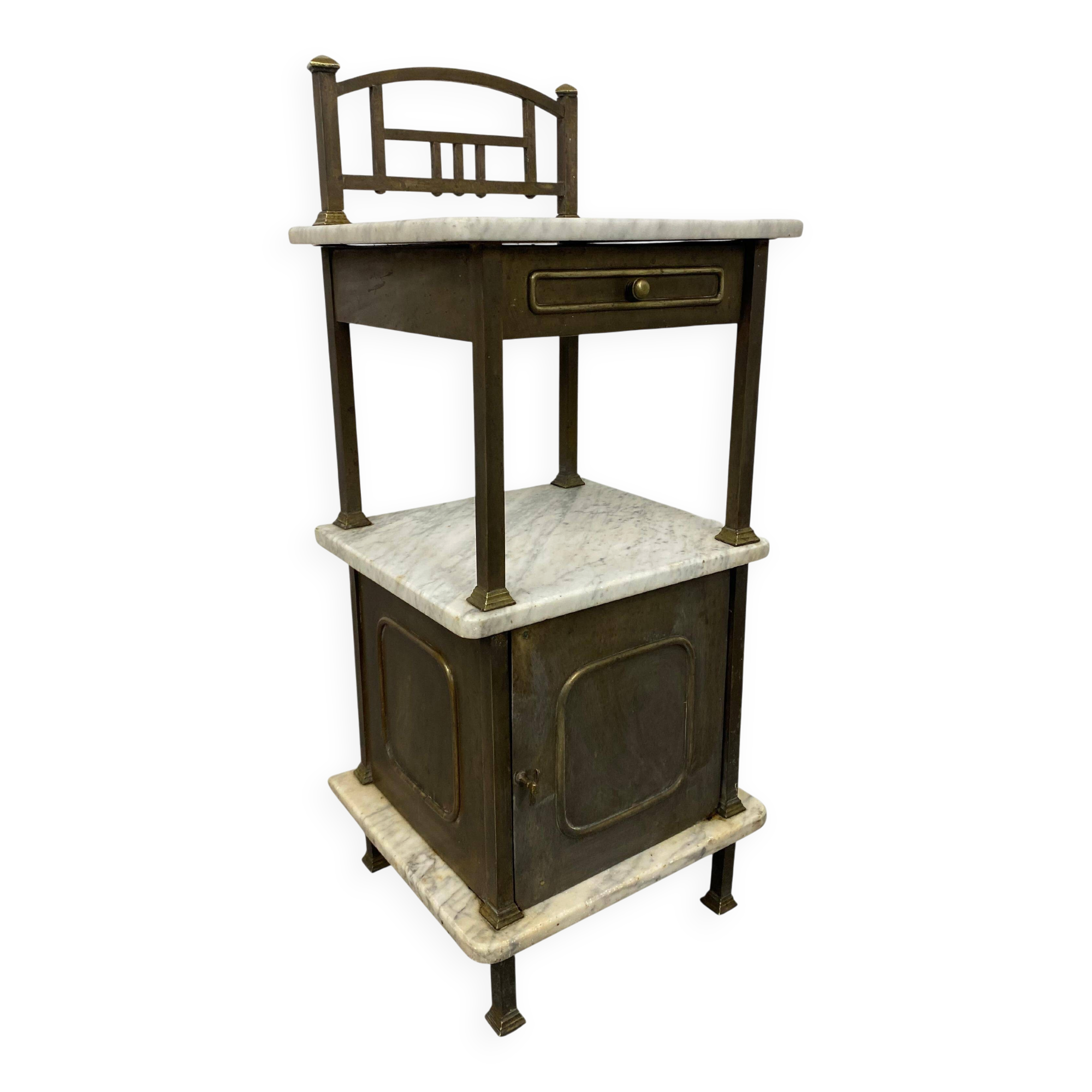 Brass bedside table with a marble top.