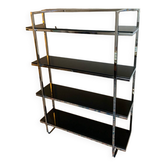 Etagere vintage en chrome et verre noir 1970