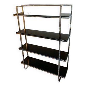Vintage shelf in chrome and black glass 1970