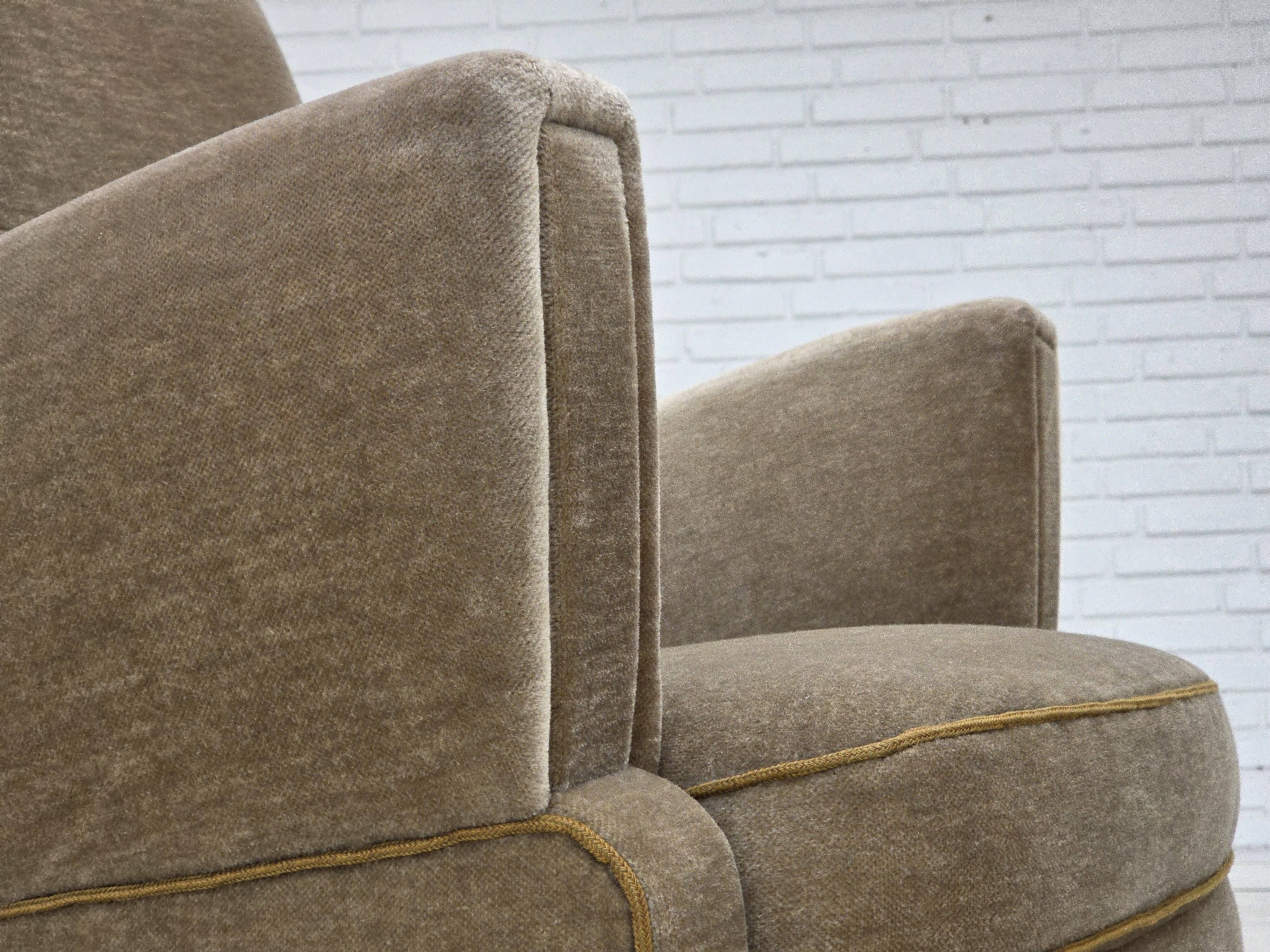 1970s, Danish armchair, green furniture velour, beech wood legs.