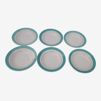 6 assiettes creuses en porcelaine opaque de Badonviller avec marli vert  diam 23 cm