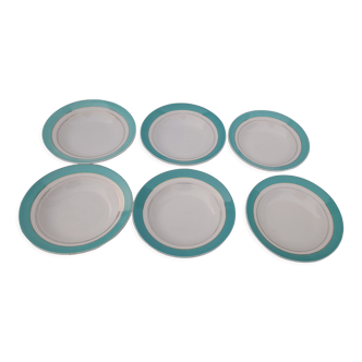 6 hollow plates in opaque porcelain from Badonviller with green marli diam 23 cm