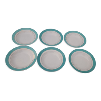 6 assiettes creuses en porcelaine opaque de Badonviller avec marli vert  diam 23 cm