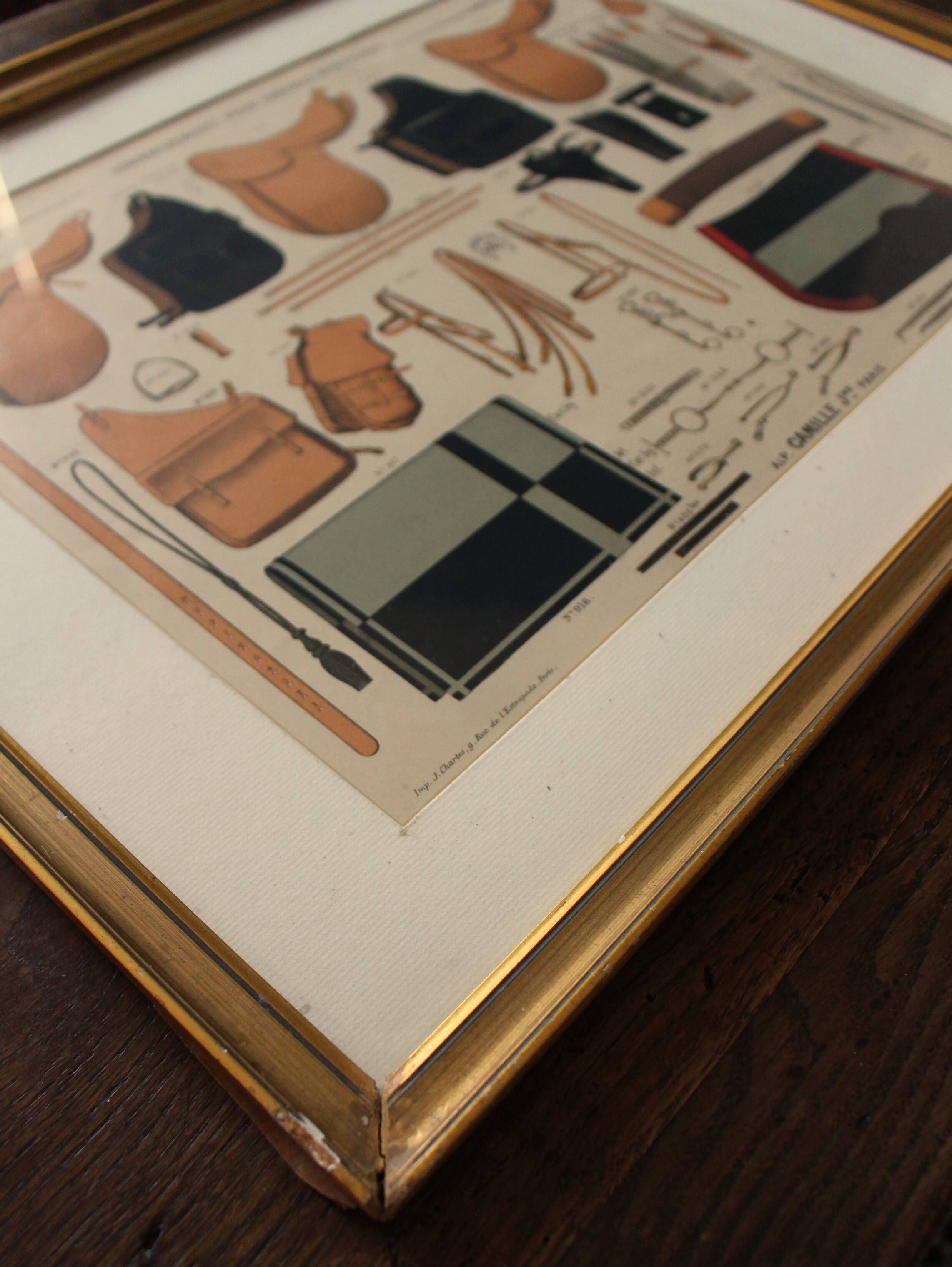Framed lithograph "horse riding saddlery Alp Camille", late 20th century