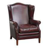 Bordeaux Red Cowhide Leather Wingback Chair in English Style