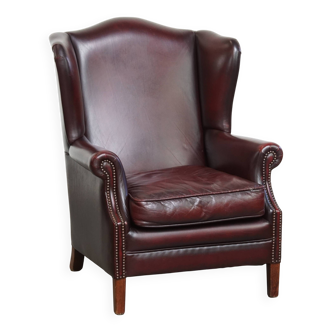 Bordeaux Red Cowhide Leather Wingback Chair in English Style