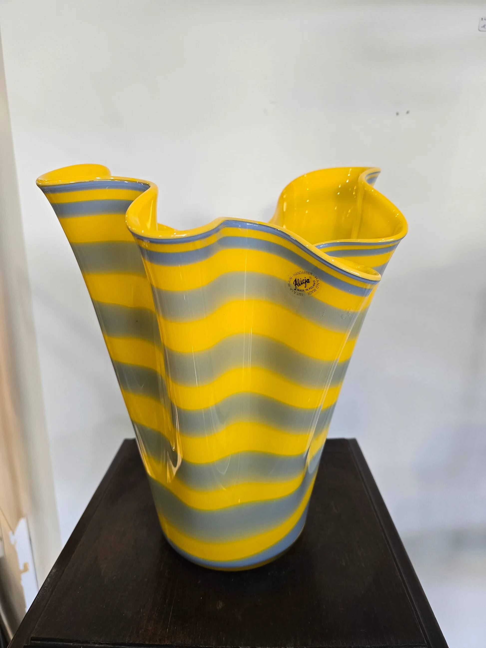 Alicja blown glass vase – Yellow and grey stripes – Free form – H.31 cm