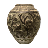 Terracotta vase with green digging patina with animal decoration