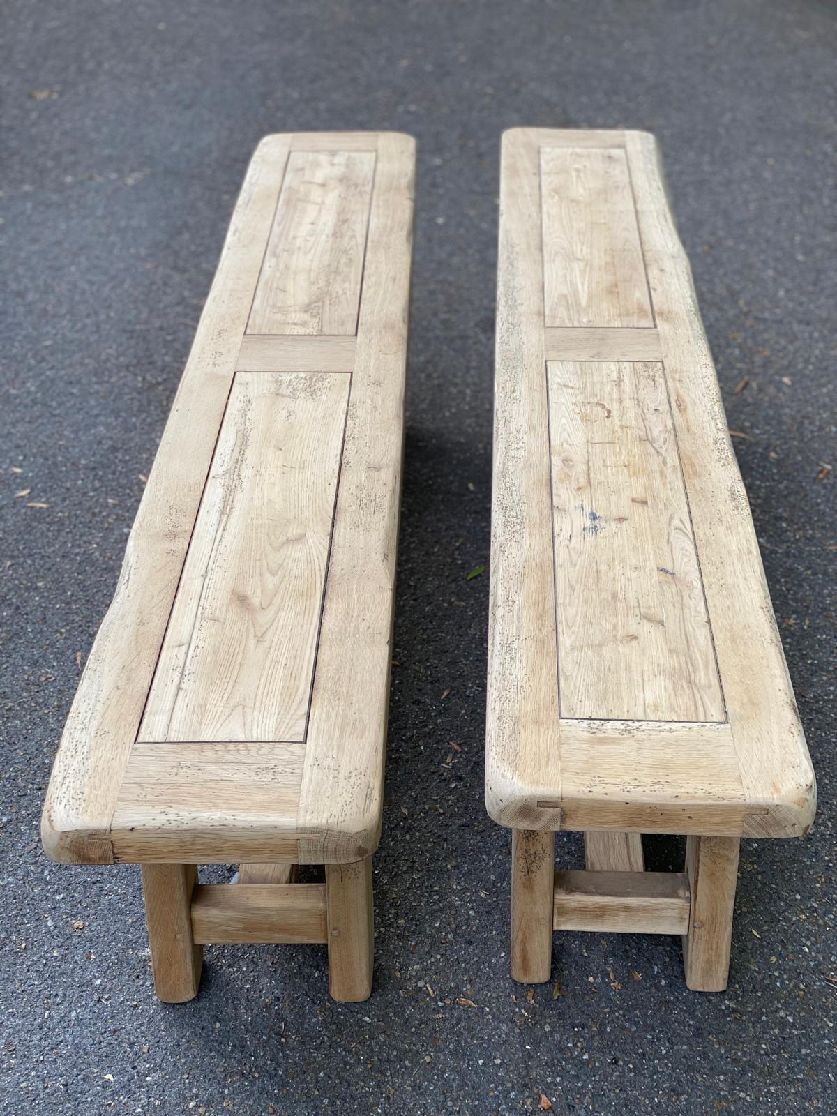 2 stripped farmhouse benches in solid oak 1950 200cm