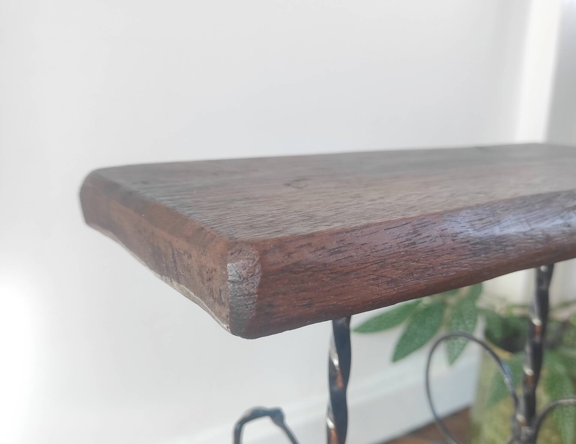 Side table, brutalist bottle holder in wrought iron and solid wood.