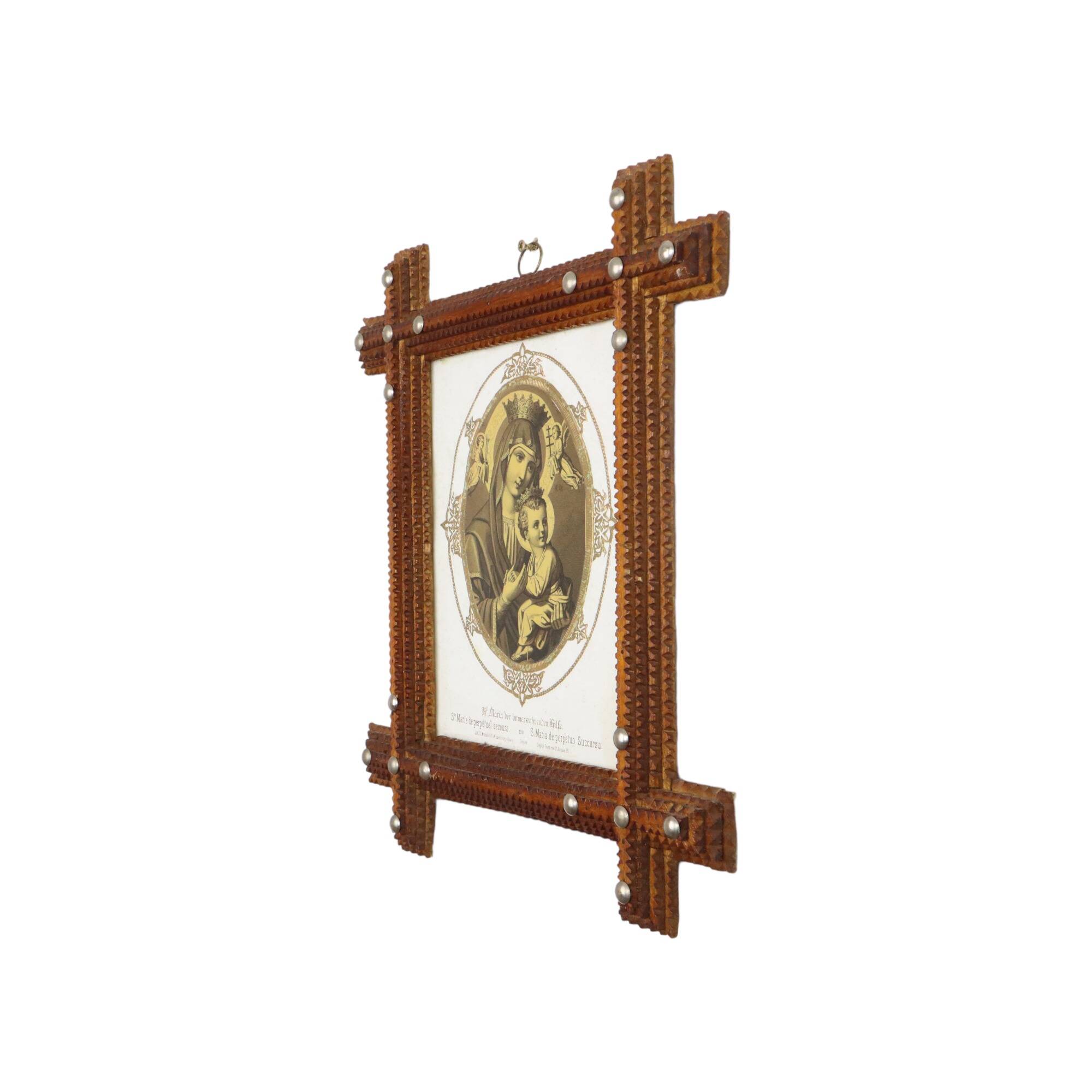Antique tramp art frame frame wood metal studs late 19th century france